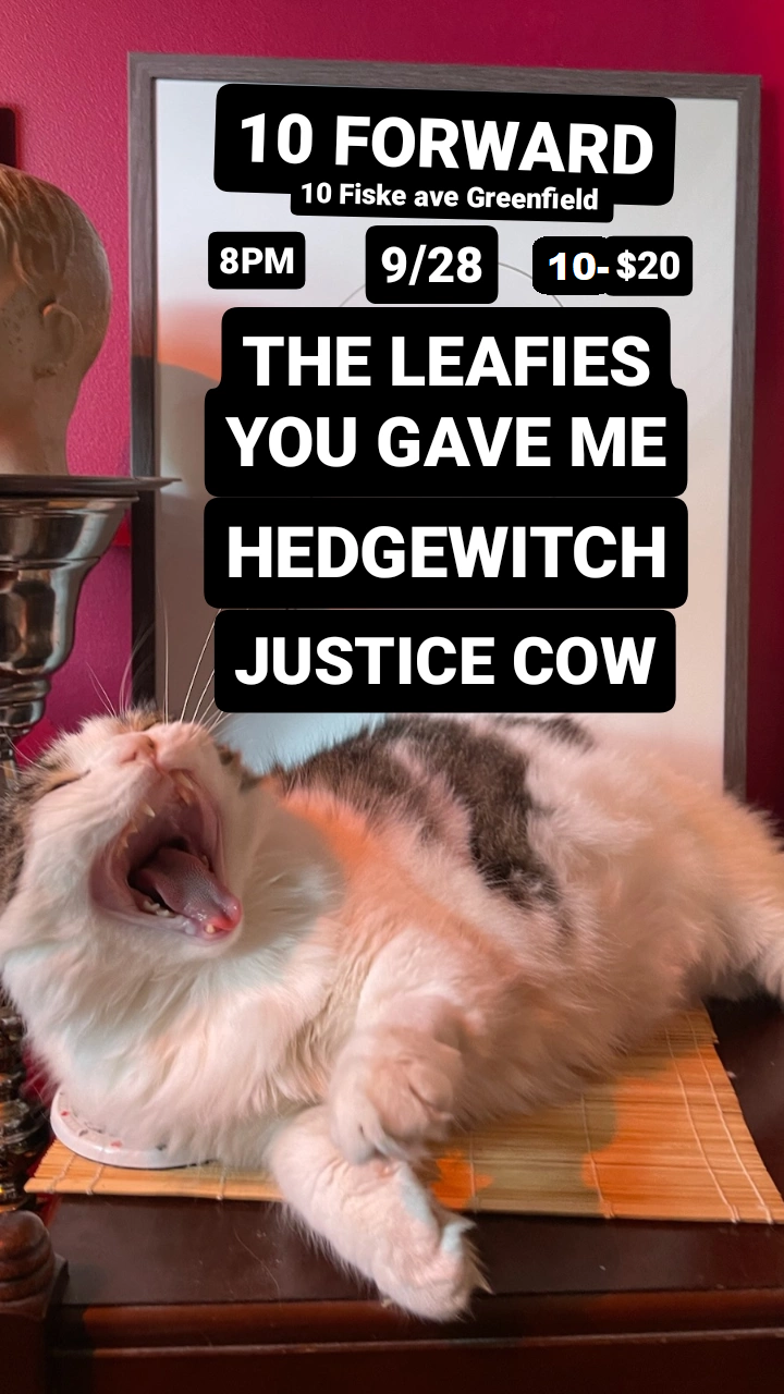 10 Forward, 10 Fiske Ave. Greenfield, MA, 8 pm, 9/28, $20, The Leafies You Gave Me, Hedgewitch, Justice Cow