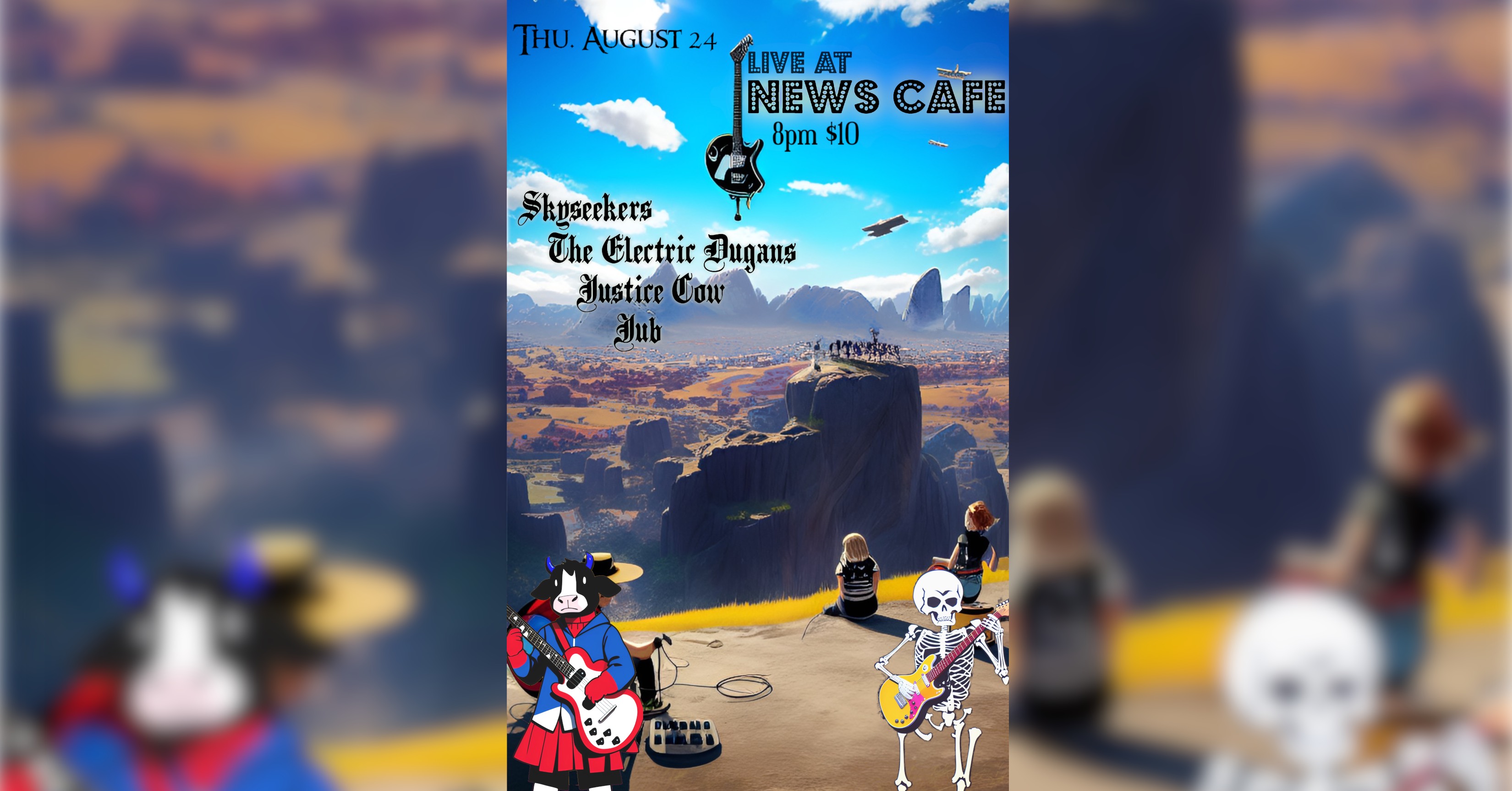 Thursday, August 24 live at News Cafe, 8 pm, $10 with Skyseekers, The Electric Dugans, Justice Cow, and Jub